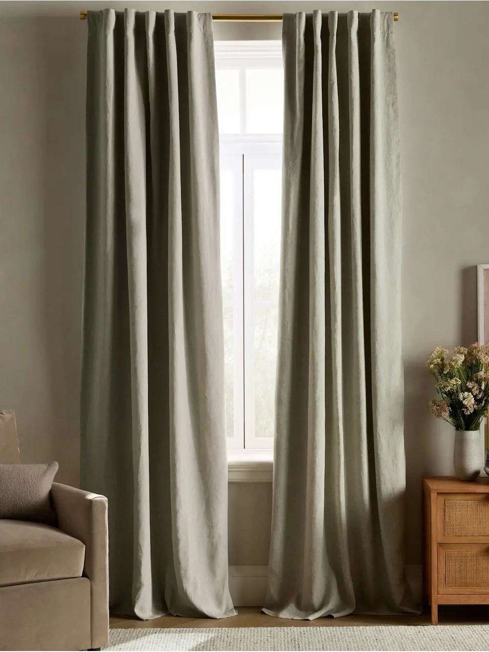 Quince European Linen Room Darkening Curtain Panel in Sage 48x96